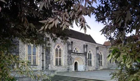 The Great Hall from the outside, the foreground features the leaves of a tree