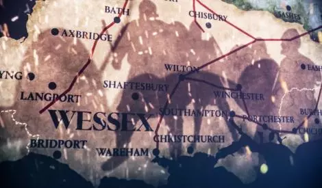 A war style map of 'wessex' with shadows of warriors on top