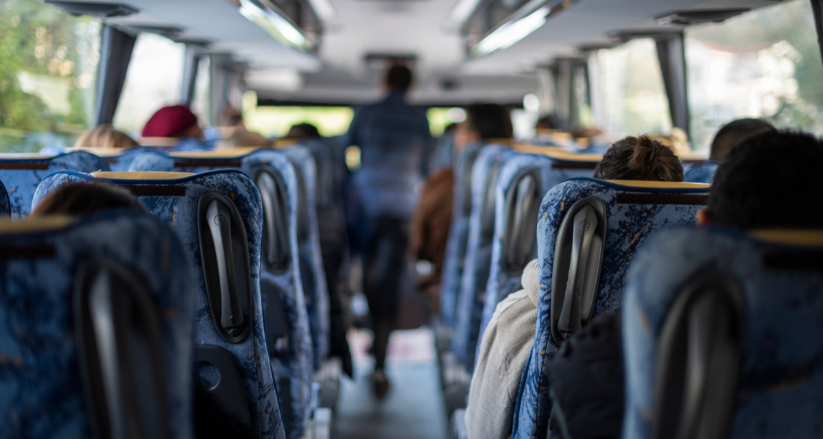 The view from the back of a coach featuring blue seats and people