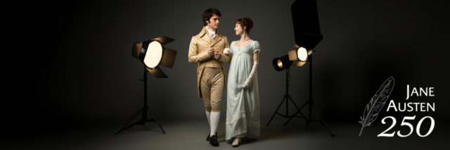 A man and woman walk together in regency attire