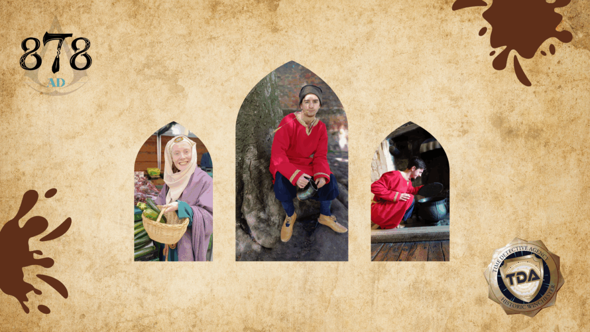 3 pictures of Anglo Saxons on parchment splattered with mud