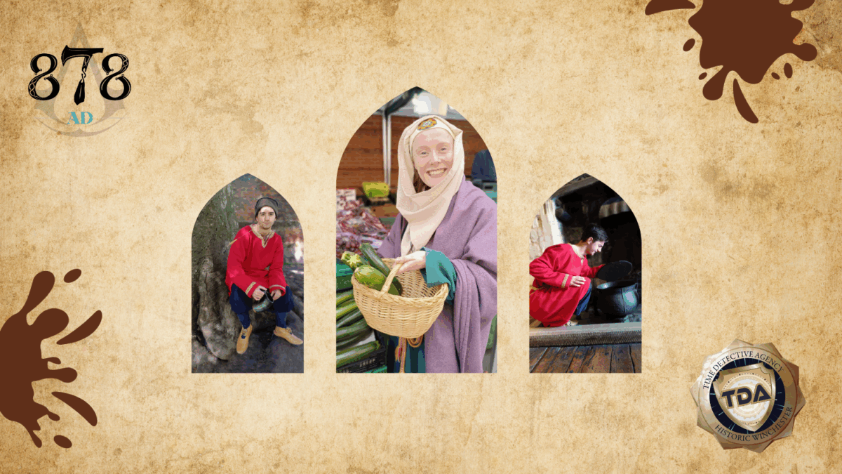 3 pictures of Anglo Saxons on parchment splattered with mud
