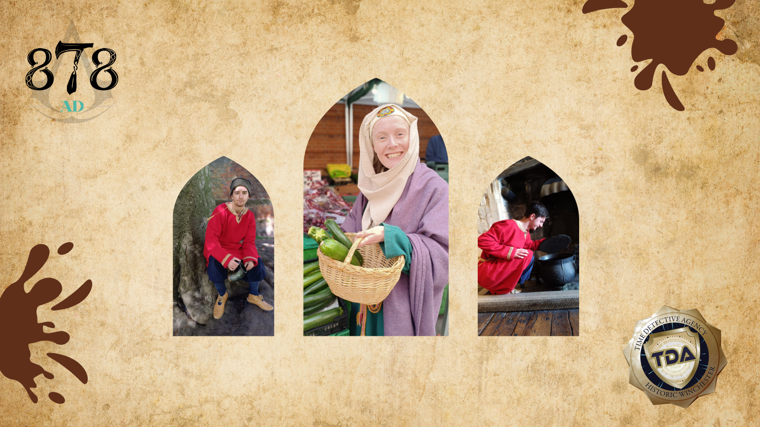 3 pictures of Anglo Saxons on parchment splattered with mud