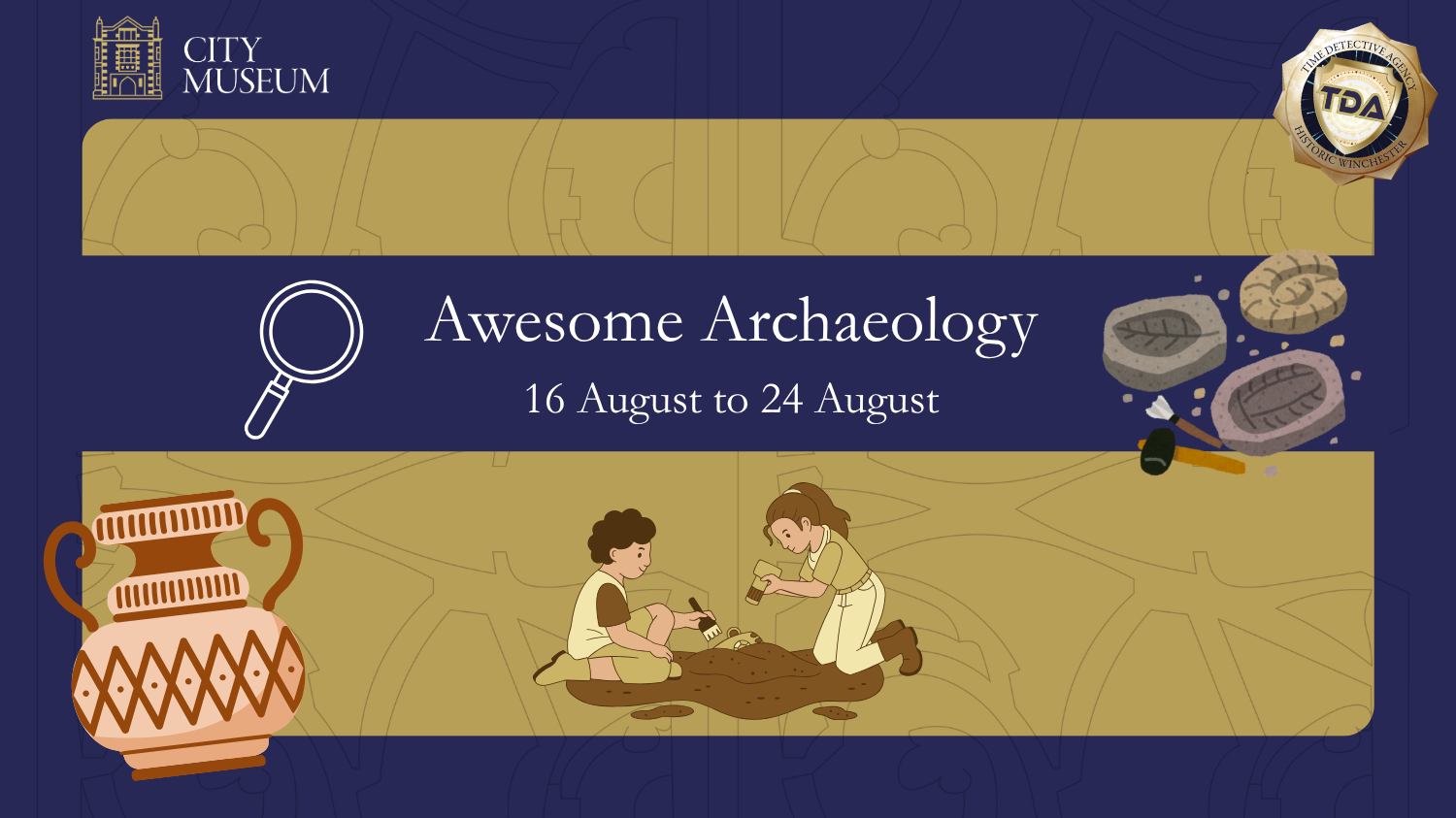 Banner titled Awesome Archaeology with an image of children excavating