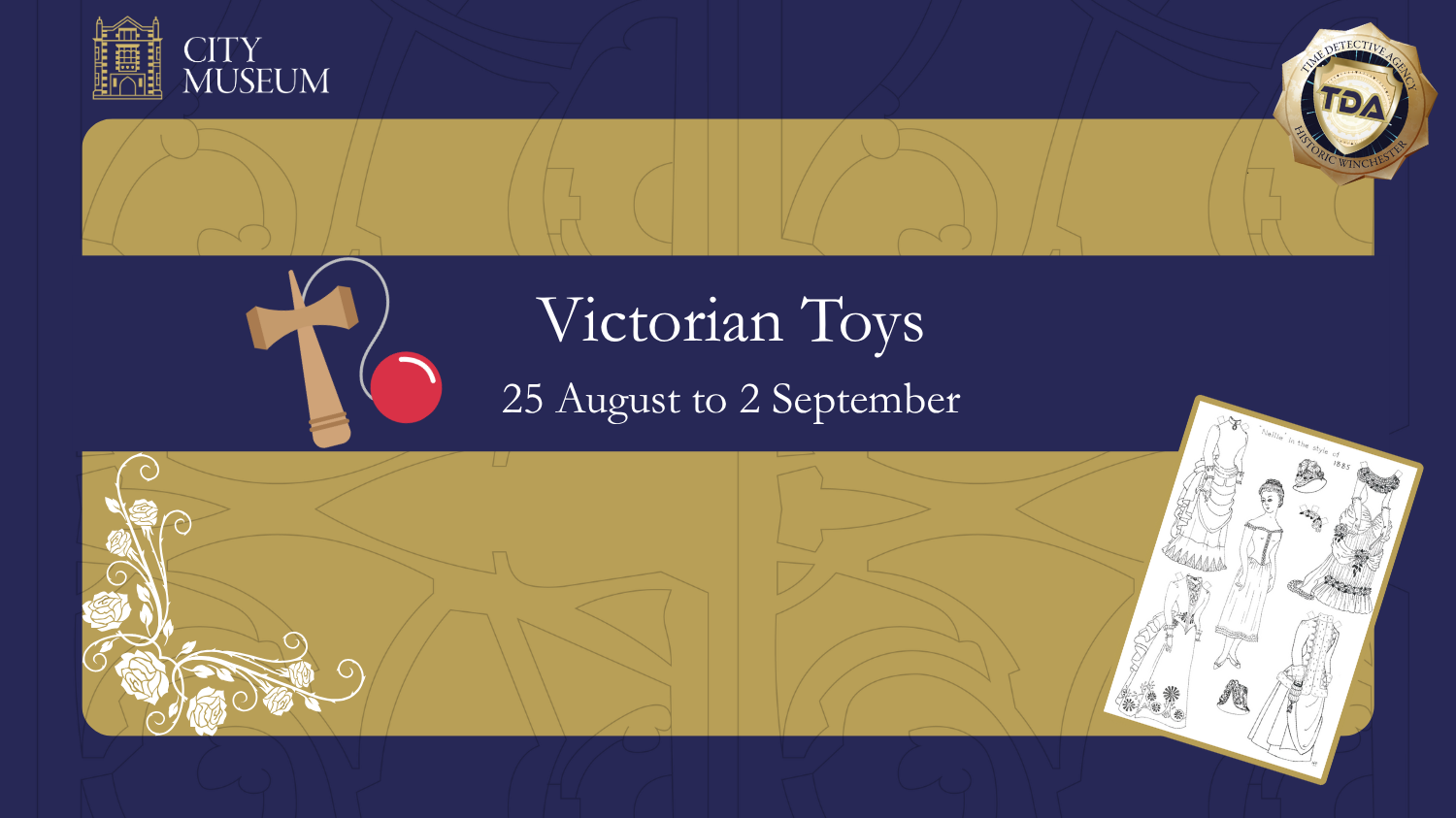 Banner titled Victorian Toys with a cup and ball.