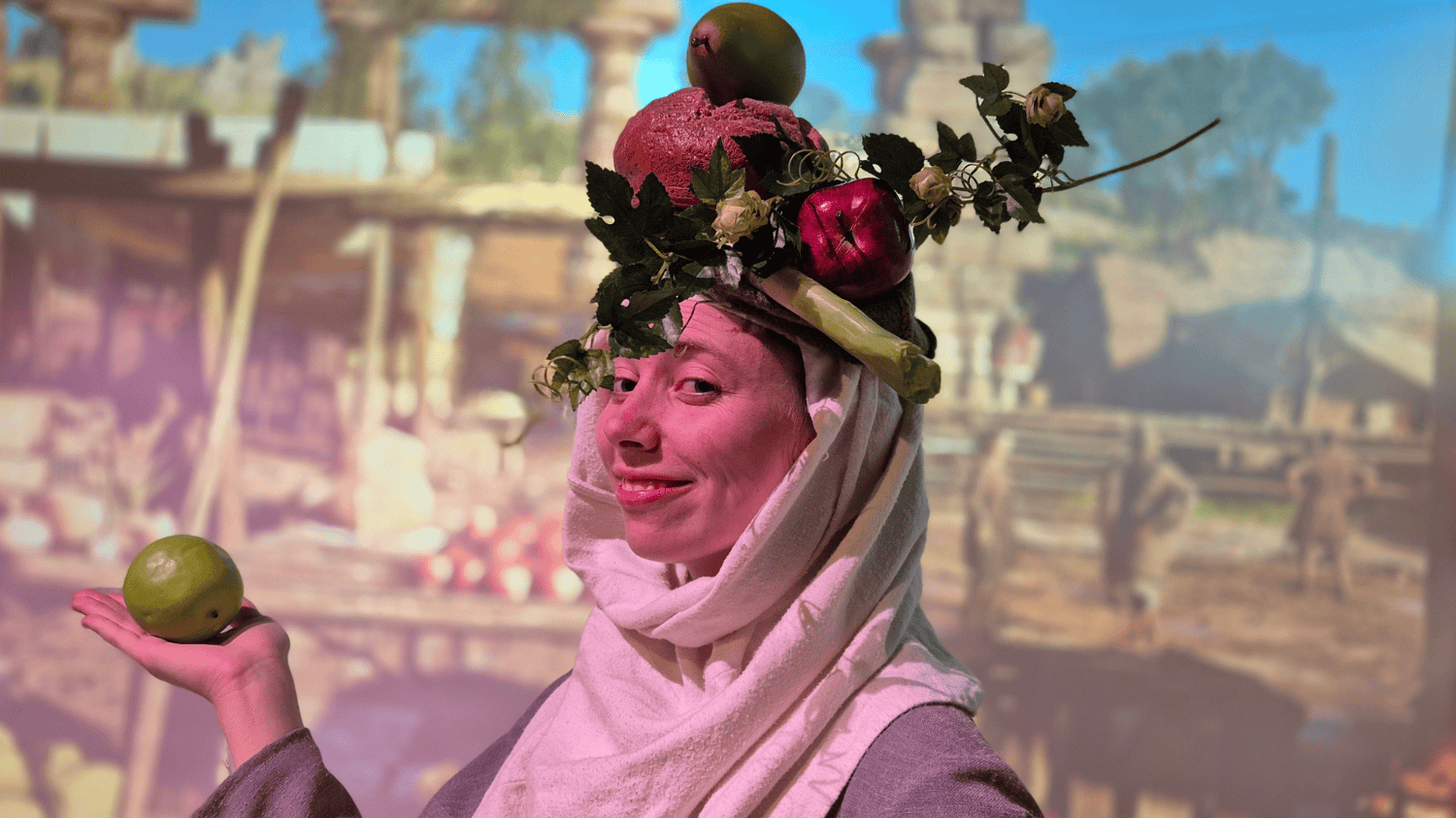 A Roman woman with a wreath full of fruit on her head