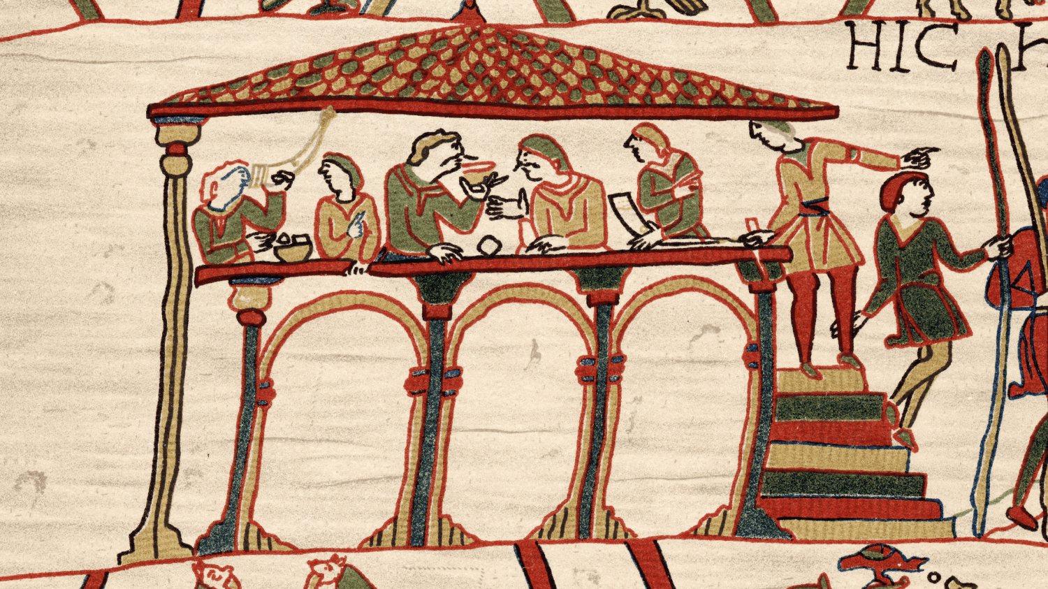 Photo of the Bayeaux Tapestry with colourful thread depicting a feast