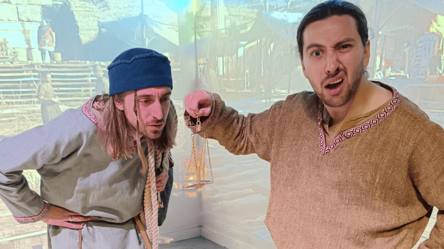 A Saxon trader showing off a set of scales to a shocked customer