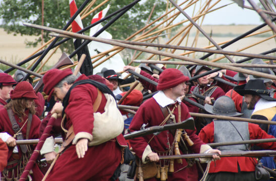 A group of pikemen from the Marquess of Winchester's Regiment advancing for battle.
